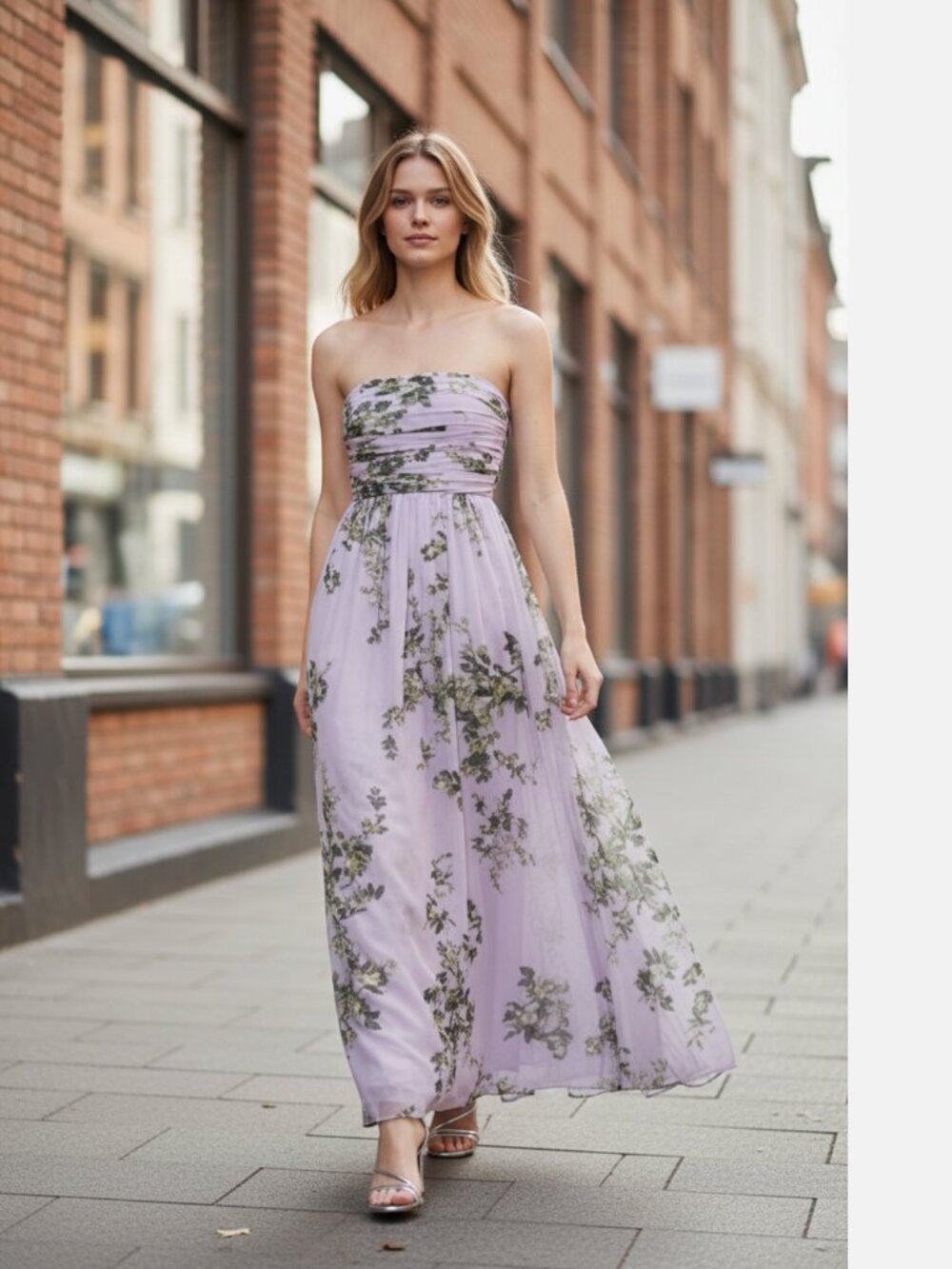 NEW $220 WHITE HOUSE BLACK MARKET  FLORAL LILAC STRAPLESS CHIFFON MAXI DRESS
